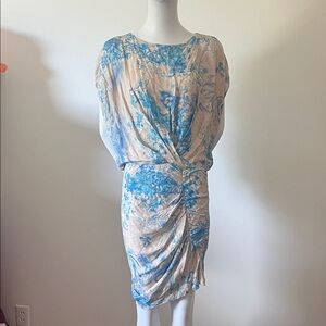 Thakoon Beige Blue Floral Print Draped Ruched Viscose Silk Dress